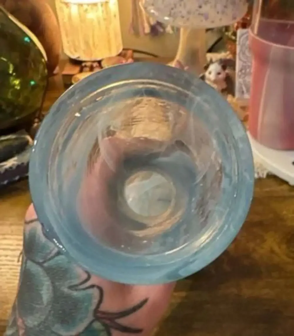 AKCAM Handmade Turkish Art Glass Vase with Blue and White Swirls